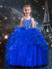 Sweet Sleeveless Lace Up Floor Length Beading and Ruffles Toddler Flower Girl Dress