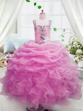 Pink Zipper Little Girl Pageant Dress Beading and Ruffles and Pick Ups Sleeveless Floor Length