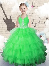 Pretty Green Ball Gowns Halter Top Sleeveless Organza Floor Length Lace Up Beading and Ruffled Layers Party Dress