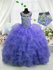 Sophisticated Scoop Sleeveless Floor Length Beading and Ruffled Layers Lace Up Little Girls Pageant Dress Wholesale with Lavender