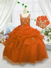 Orange Organza Lace Up Flower Girl Dress Sleeveless Floor Length Beading and Pick Ups
