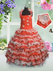 Customized Coral Red Ball Gowns Beading and Appliques and Ruffled Layers Toddler Flower Girl Dress Lace Up Organza Sleeveless Floor Length