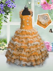Pretty Orange Organza Lace Up Straps Sleeveless Floor Length Party Dress Wholesale Beading and Appliques and Ruffled Layers