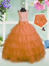 Elegant Orange Straps Neckline Beading and Ruffled Layers and Bowknot Flower Girl Dress Sleeveless Zipper
