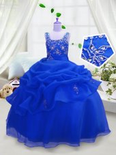 Custom Design Royal Blue Ball Gowns Beading and Pick Ups Kids Formal Wear Zipper Organza Sleeveless Floor Length