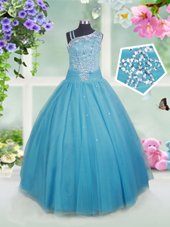 Teal Asymmetric Side Zipper Beading Little Girl Pageant Dress Sleeveless