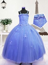 Edgy Blue Sleeveless Floor Length Beading and Hand Made Flower Zipper Flower Girl Dress
