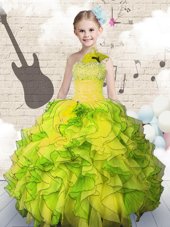 Most Popular Yellow Green Lace Up Strapless Beading and Ruffles Kids Formal Wear Organza Sleeveless