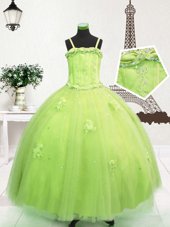 Exceptional Yellow Green Zipper Spaghetti Straps Beading and Appliques Flower Girl Dresses Tulle Sleeveless