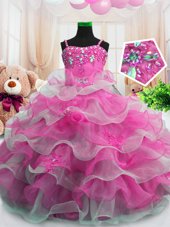 Spaghetti Straps Sleeveless Party Dresses Floor Length Beading and Ruffled Layers Hot Pink Organza