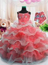 Vintage Red Sleeveless Floor Length Beading and Ruffled Layers Zipper Girls Pageant Dresses
