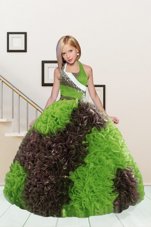 Customized Floor Length Apple Green and Chocolate Toddler Flower Girl Dress Halter Top Sleeveless Lace Up