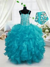 Best Selling Aqua Blue Sleeveless Beading and Ruffles Floor Length Juniors Party Dress