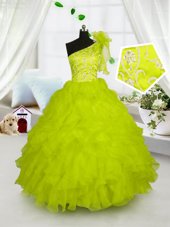 Yellow Green Kids Formal Wear Party and Wedding Party and For with Embroidery and Ruffles One Shoulder Sleeveless Lace Up