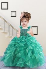 Fabulous Turquoise Sleeveless Organza Lace Up Little Girls Pageant Dress for Military Ball and Sweet 16 and Quinceanera