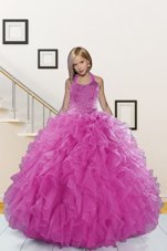 Halter Top Beading and Ruffles Girls Pageant Dresses Pink Lace Up Sleeveless Floor Length