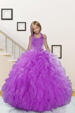 Sophisticated Halter Top Sleeveless Floor Length Beading and Ruffles Lace Up Teens Party Dress with Purple