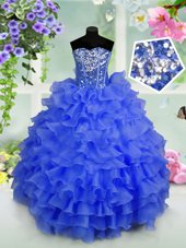Ruffled Ball Gowns Kids Pageant Dress Navy Blue Scoop Organza Sleeveless Floor Length Lace Up