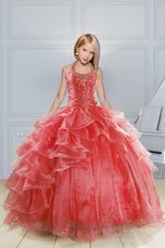 Pretty Halter Top Red Sleeveless Beading and Ruffles Floor Length Kids Formal Wear
