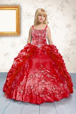 Sleeveless Satin Floor Length Lace Up Casual Dresses in Red for with Beading and Appliques and Pick Ups