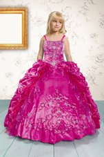 Smart Beading and Appliques and Pick Ups Toddler Flower Girl Dress Hot Pink Lace Up Sleeveless Floor Length