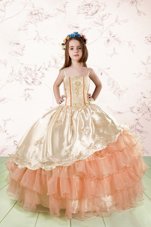 Superior Organza Spaghetti Straps Sleeveless Lace Up Embroidery and Ruffled Layers Flower Girl Dress in Orange Red