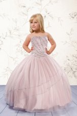 Custom Made Strapless Sleeveless Tulle Pageant Gowns For Girls Beading Lace Up