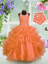 Halter Top Floor Length Orange Party Dress for Girls Organza Sleeveless Beading and Ruffled Layers