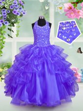 Ruffled Blue Little Girls Pageant Dress Wholesale Halter Top Sleeveless Lace Up