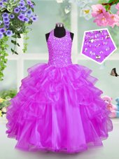 New Arrival Lilac Organza Lace Up Halter Top Sleeveless Floor Length Kids Formal Wear Beading and Ruffled Layers