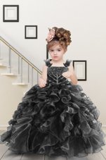 Comfortable Black Ball Gowns Straps Sleeveless Organza Floor Length Lace Up Beading and Ruffles Child Pageant Dress