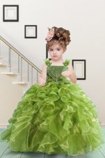 Nice Olive Green Sleeveless Floor Length Beading and Ruffles Lace Up Little Girls Pageant Dress
