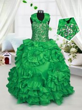 Halter Top Taffeta Sleeveless Floor Length Toddler Flower Girl Dress and Beading and Ruffles