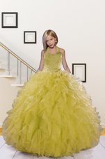 Halter Top Floor Length Light Yellow Flower Girl Dress Organza Sleeveless Beading and Ruffles