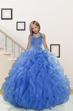 Blue Halter Top Lace Up Beading and Ruffles Party Dress for Girls Sleeveless