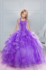 Glorious Halter Top Lavender Sleeveless Beading and Ruffles Floor Length Party Dresses