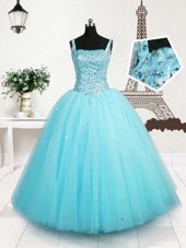 Beading and Sequins Juniors Party Dress Light Blue Lace Up Sleeveless Floor Length