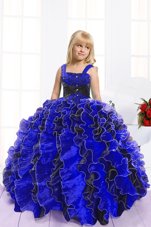 Blue And Black Sleeveless Floor Length Beading and Ruffles Lace Up Teens Party Dress