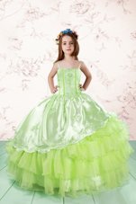 Organza Spaghetti Straps Sleeveless Lace Up Embroidery and Ruffled Layers Toddler Flower Girl Dress in Yellow Green