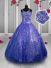 Captivating Sleeveless Sequined Floor Length Lace Up Flower Girl Dresses in Blue for with Beading and Sequins