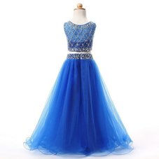 Sexy Scoop Sleeveless Toddler Flower Girl Dress Floor Length Beading Blue Organza