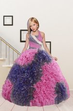 Luxurious Halter Top Fabric With Rolling Flowers Sleeveless Floor Length Flower Girl Dress and Beading and Ruffles
