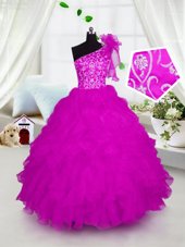 Hot Selling Hot Pink Flower Girl Dresses Party and Wedding Party and For with Appliques and Ruffles One Shoulder Short Sleeves Lace Up