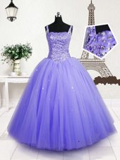 Excellent Lavender Ball Gowns Beading and Sequins Flower Girl Dresses for Less Lace Up Tulle Sleeveless Floor Length