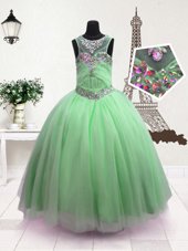 Apple Green Ball Gowns Organza Scoop Sleeveless Beading Floor Length Zipper Flower Girl Dresses