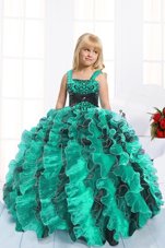 Lovely Teal Organza Lace Up Party Dresses Sleeveless Floor Length Beading and Ruffles