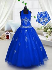 Nice Blue Halter Top Lace Up Appliques Toddler Flower Girl Dress Sleeveless
