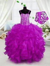 Ball Gowns Toddler Flower Girl Dress Hot Pink Spaghetti Straps Organza Sleeveless Floor Length Lace Up