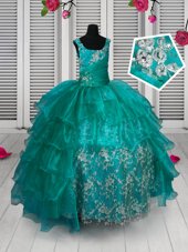 Fabulous Turquoise Sleeveless Floor Length Appliques and Ruffled Layers Lace Up Little Girl Pageant Dress