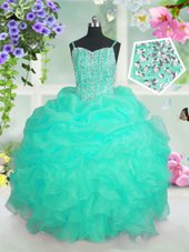 Turquoise Organza Lace Up Spaghetti Straps Sleeveless Floor Length Little Girl Pageant Gowns Beading and Ruffles and Pick Ups